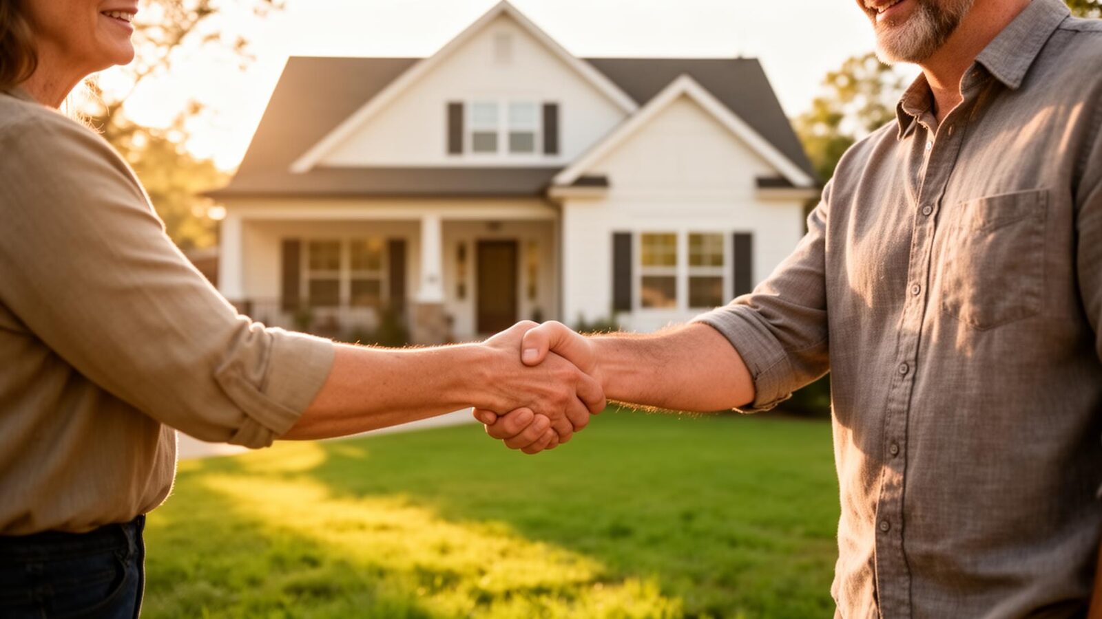 Two neighbors shaking hands in front of a Northwest Arkansas home
